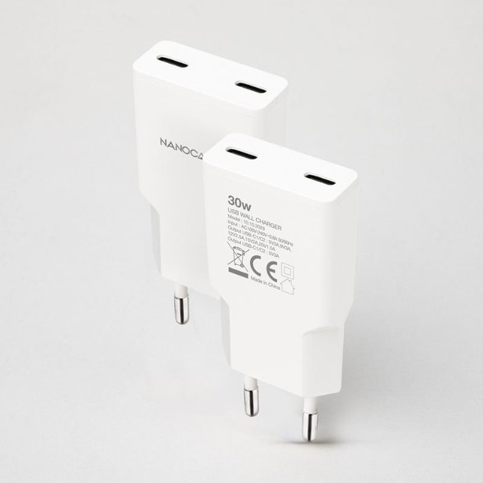 Nanocable Cargador de Pared 2xUSB-C PD 30W Blanco Nanocable Cargador de Pared 2xUSB-C PD 30W Blanco
